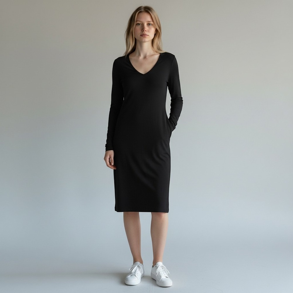 White House Black Market Dress Womens Black Long Sleeve V-Neck Side Slit Midi XS